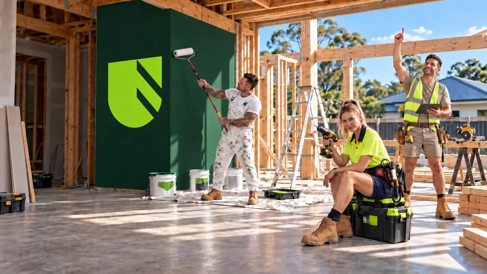 ChekkU tradies painting the ChekkU logo on a construction site